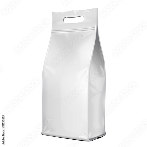 Foil Paper Food Bag Package With Handle Salt, Sugar, Pepper, Spices Or Flour, Folded, Grayscale. On White Background Isolated. Mock Up Template Ready For Your Design. Product Packing Vector EPS10