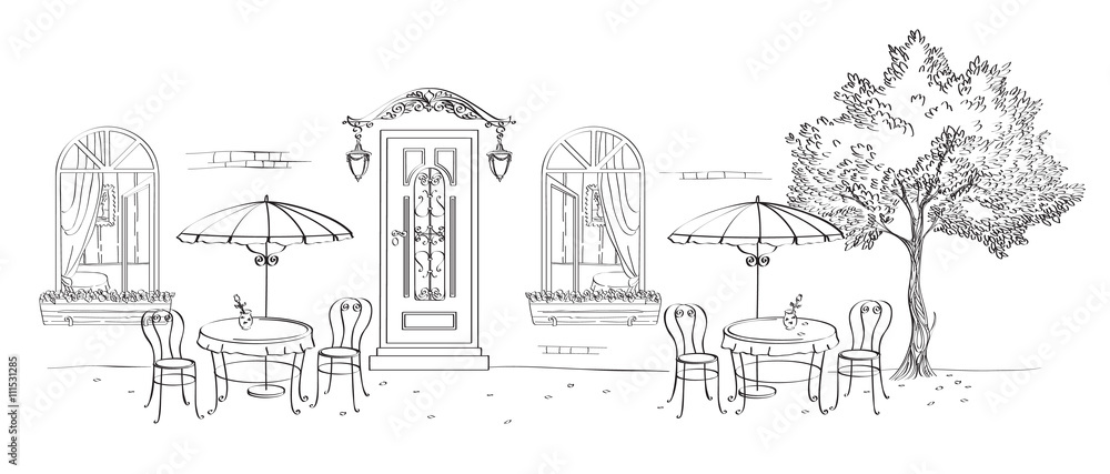 Cafe, restaurant, street cafe with umbrellas, the door under the canopy with lights, windows and wood. Drawing calligraphic pen tool.
