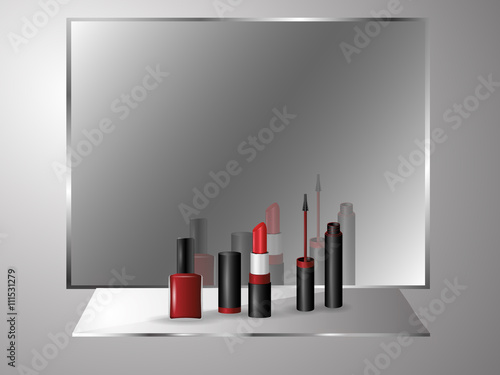 Lipstick, mascara, nail polish standing on a glass shelf near the mirror