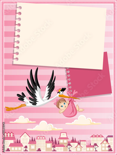Card with a cartoon stork delivering a newborn baby girl

