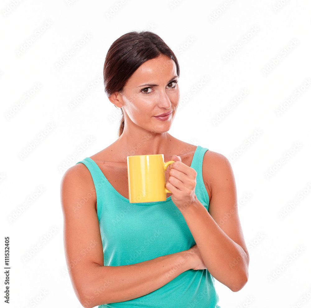 Smiling happy brunette woman with coffee mug Smiling happy brunette woman with coffee mug