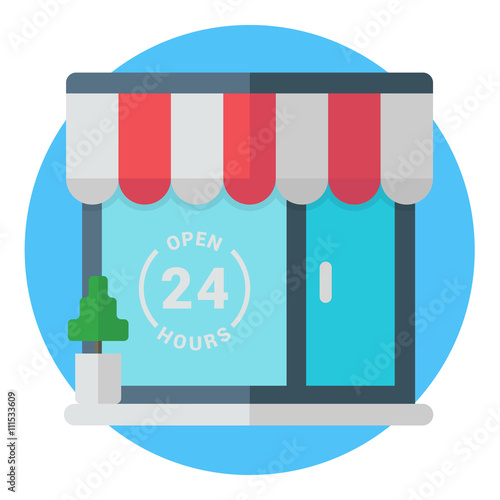 Open 24 hours storefront. Modern colored flat vector illustration