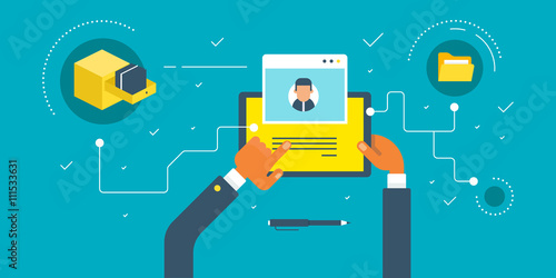 Businessman holding a tablet. Keeping photos in computer folders. Horizontal colored flat vector illustration.