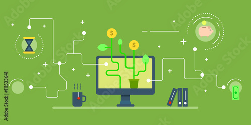 Business startup via web services, e-commerce concept. Horizontal colored flat vector illustration on green background.