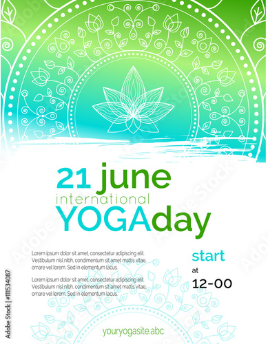 Vector yoga illustration. Template of poster for International Yoga Day. Flyer for 21 june, Yoga day. Lotus contour on ethnic pattern backdrop. Flat design. Linear illustration on gradient background.