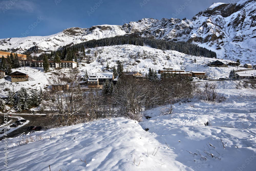 Landscape around Gourette mountain village in winter