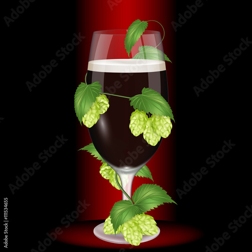 Glass of dark beer wrapped hops. Realistic vector illustration
