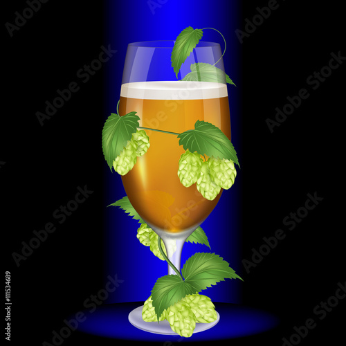 Glass of light beer wrapped hops. Realistic vector illustration