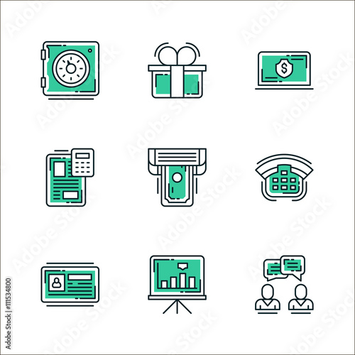 Set of icons of business workflow items and elements, office equipment and stuff. Colored in green, isolated on white background