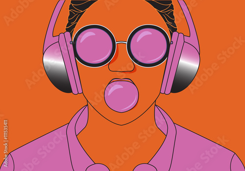 Hipster girl listening to music on headphones and chews cud. Vec