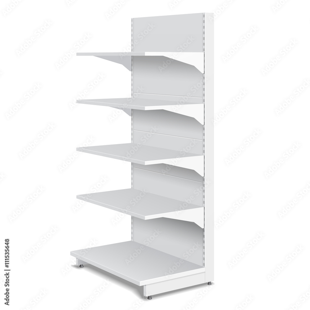 White Blank Empty Showcase Displays With Retail Shelves Products 3D On White Background Isolated. Ready For Your Design. Product Packing. Vector EPS10
