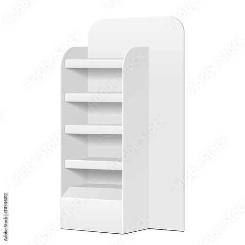 White POS POI Cardboard Floor Display Rack For Supermarket Blank Empty Displays With Shelves Products On White Background Isolated. Ready For Your Design. Product Packing. Vector EPS10