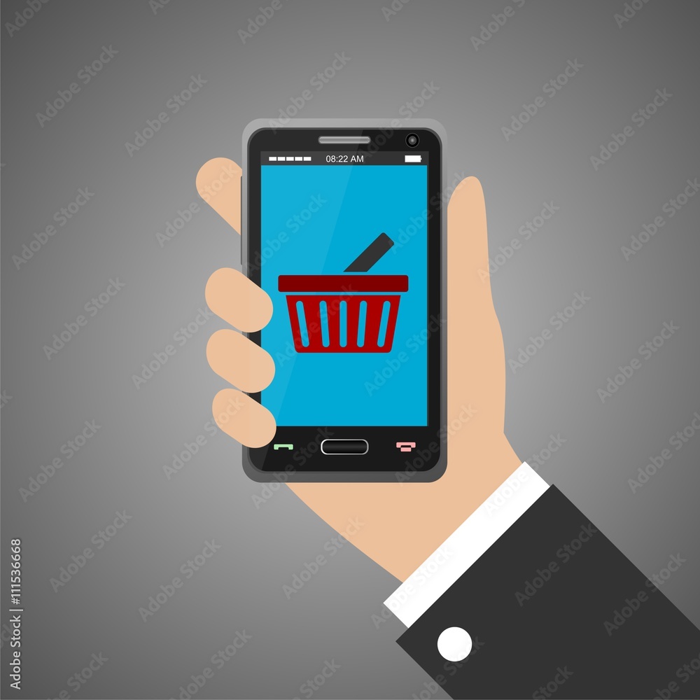 Hand holding smartphone with shopping bag icon Hand holding smartphone with shopping bag icon