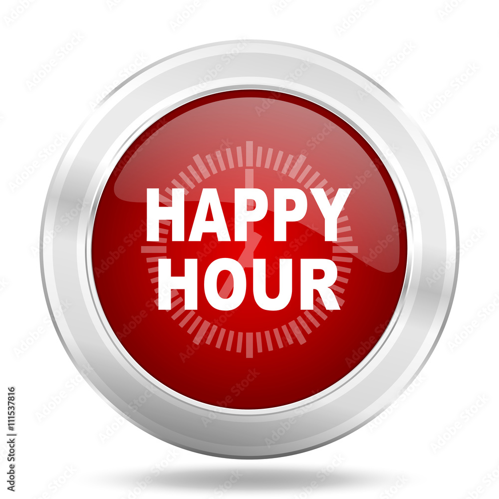 happy hour icon, red round glossy metallic button, web and mobile app design illustration happy hour icon, red round glossy metallic button, web and mobile app design illustration