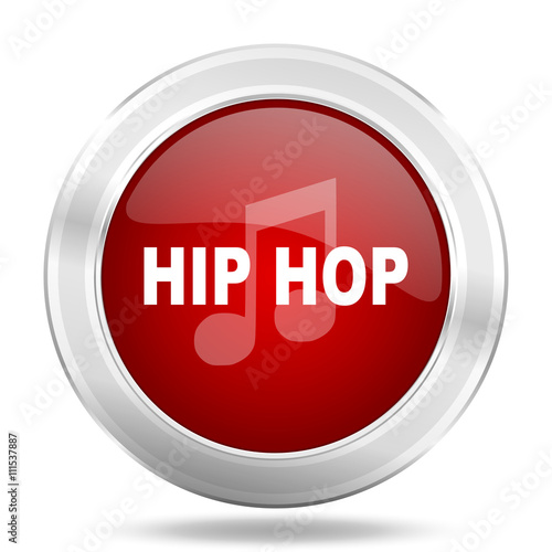 hip hop icon, red round glossy metallic button, web and mobile app design illustration