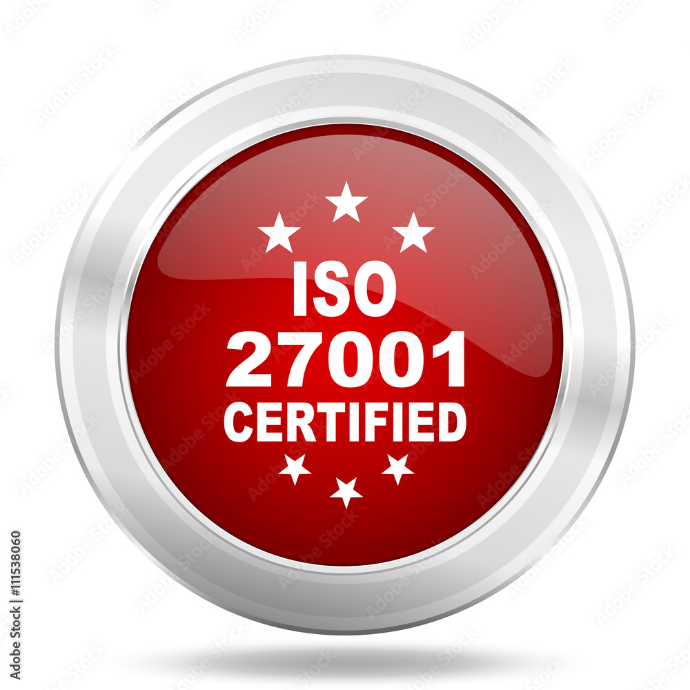 iso 27001 icon, red round glossy metallic button, web and mobile app design illustration iso 27001 icon, red round glossy metallic button, web and mobile app design illustration