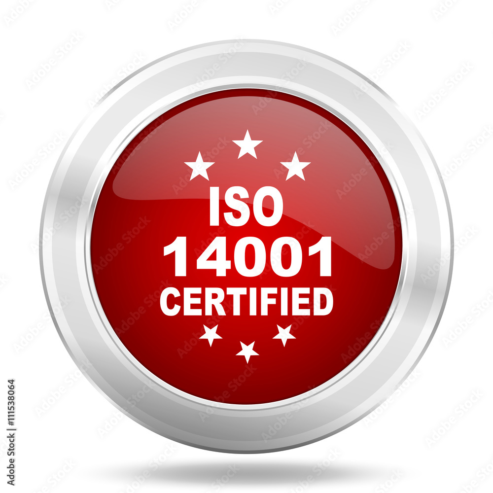iso 14001 icon, red round glossy metallic button, web and mobile app design illustration iso 14001 icon, red round glossy metallic button, web and mobile app design illustration
