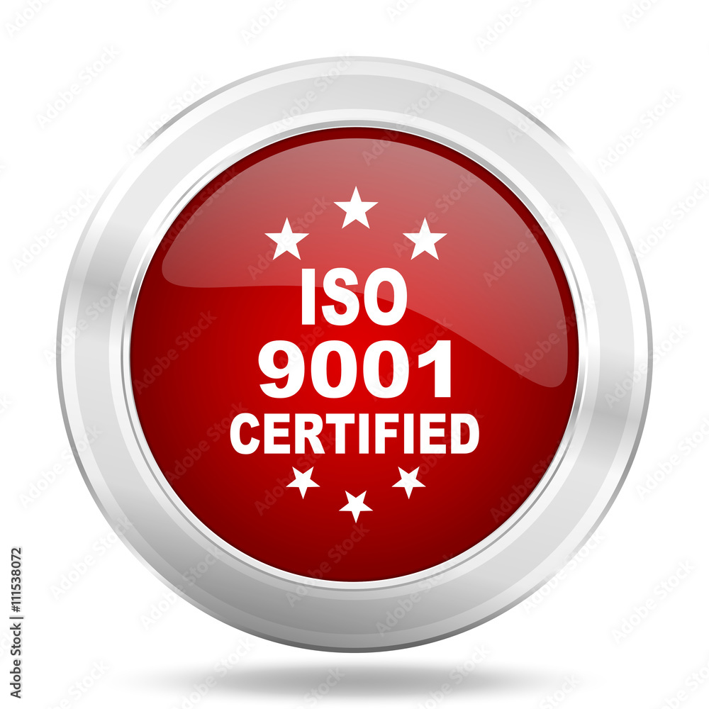 iso 9001 icon, red round glossy metallic button, web and mobile app design illustration iso 9001 icon, red round glossy metallic button, web and mobile app design illustration