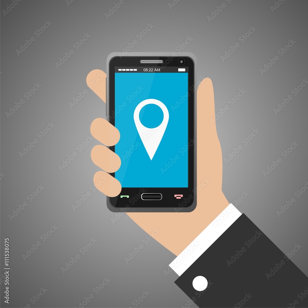 Hand holding smartphone with Location Pin Icon Hand holding smartphone with Location Pin Icon