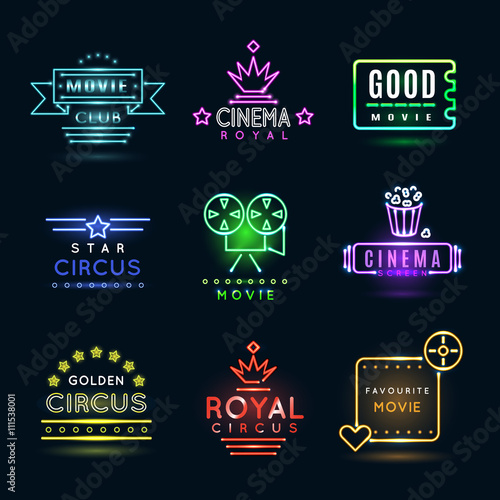 Neon circus and cinema or movie vector emblems