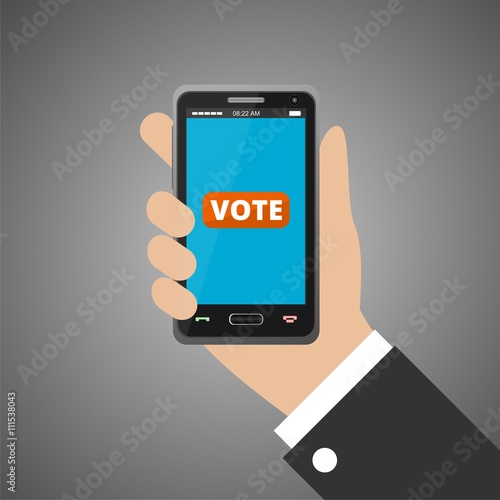 Hand holding smartphone with voting app on the screen