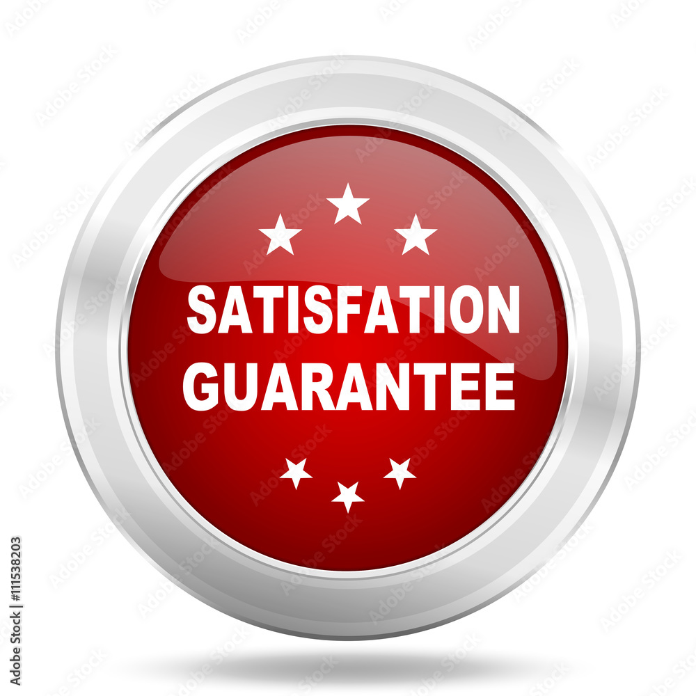 satisfaction guarantee icon, red round glossy metallic button, web and mobile app design illustration