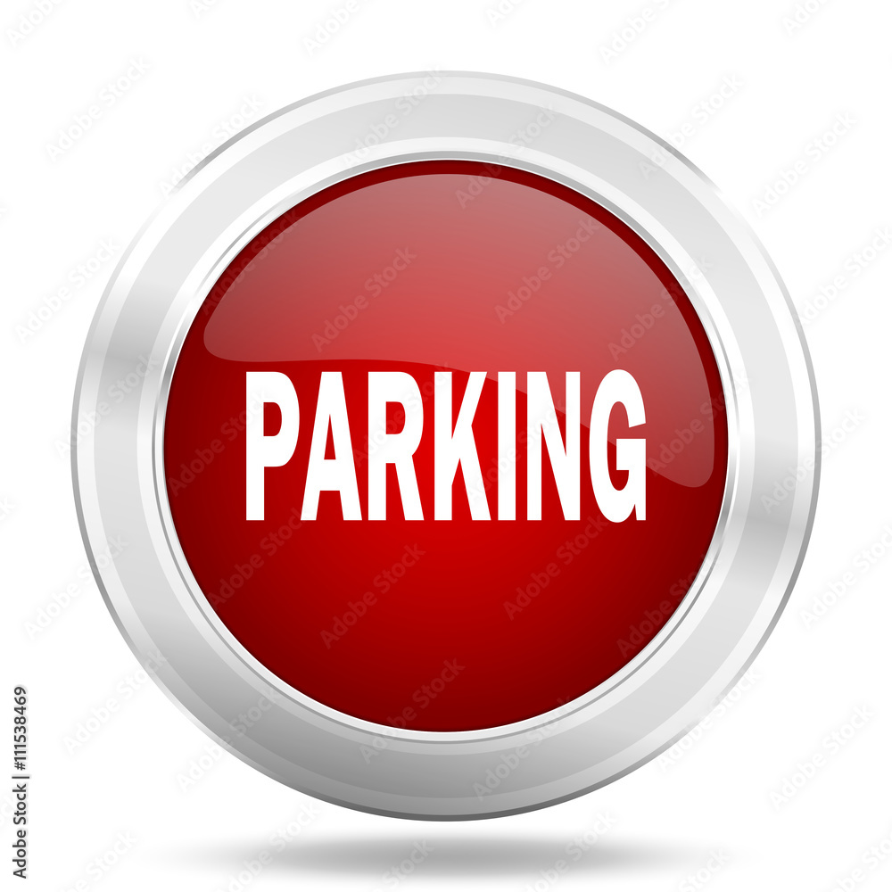 parking icon, red round glossy metallic button, web and mobile app design illustration parking icon, red round glossy metallic button, web and mobile app design illustration