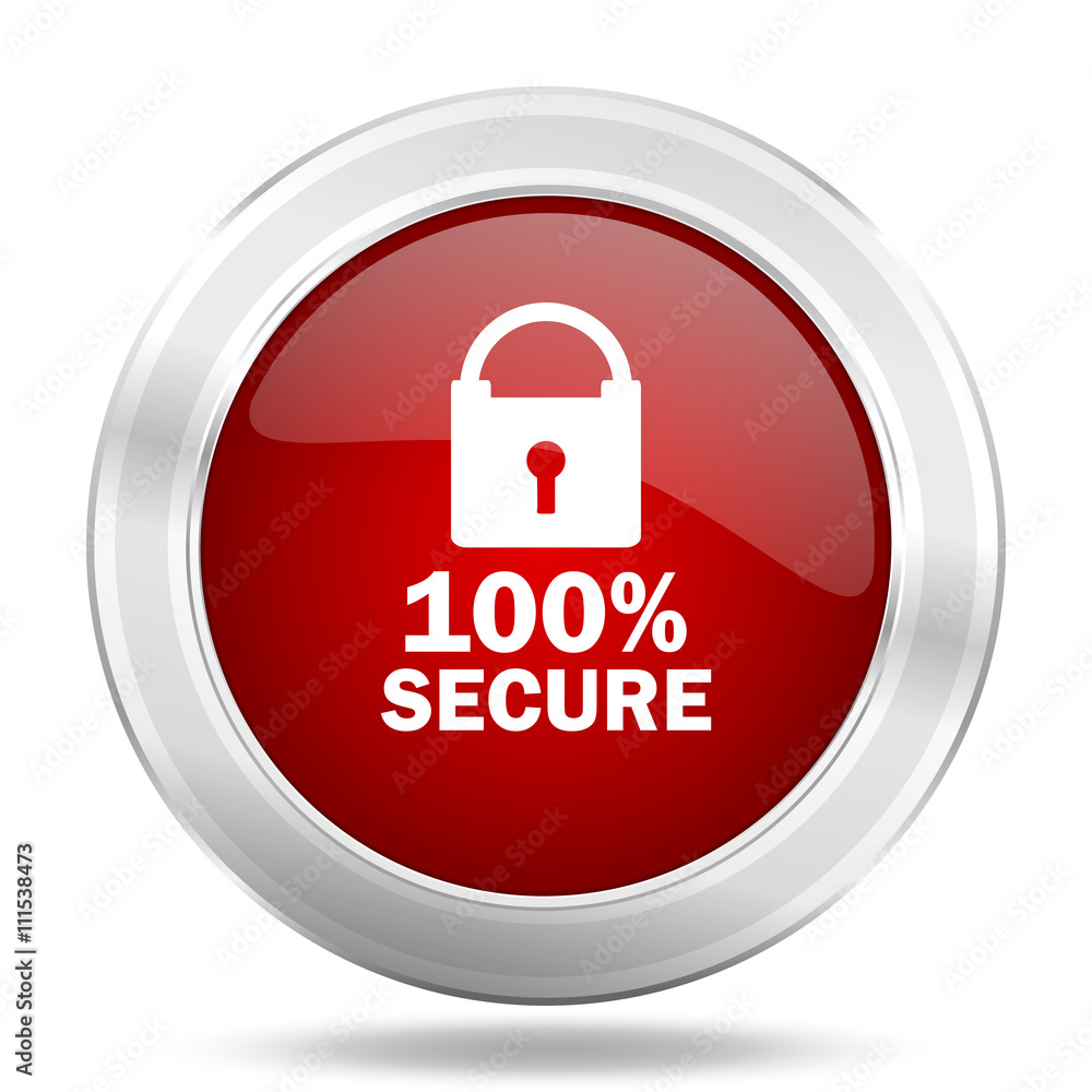 secure icon, red round glossy metallic button, web and mobile app design illustration secure icon, red round glossy metallic button, web and mobile app design illustration