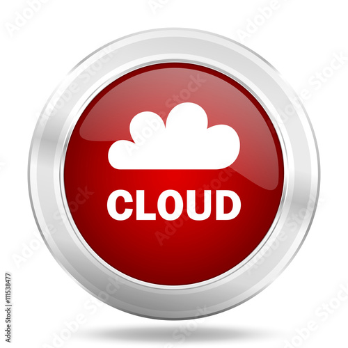 cloud icon, red round glossy metallic button, web and mobile app design illustration