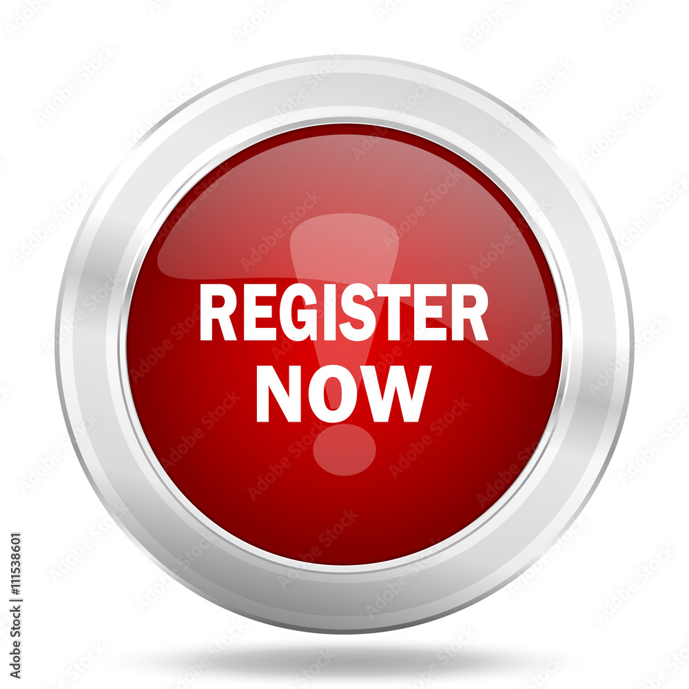 register now icon, red round glossy metallic button, web and mobile app design illustration register now icon, red round glossy metallic button, web and mobile app design illustration