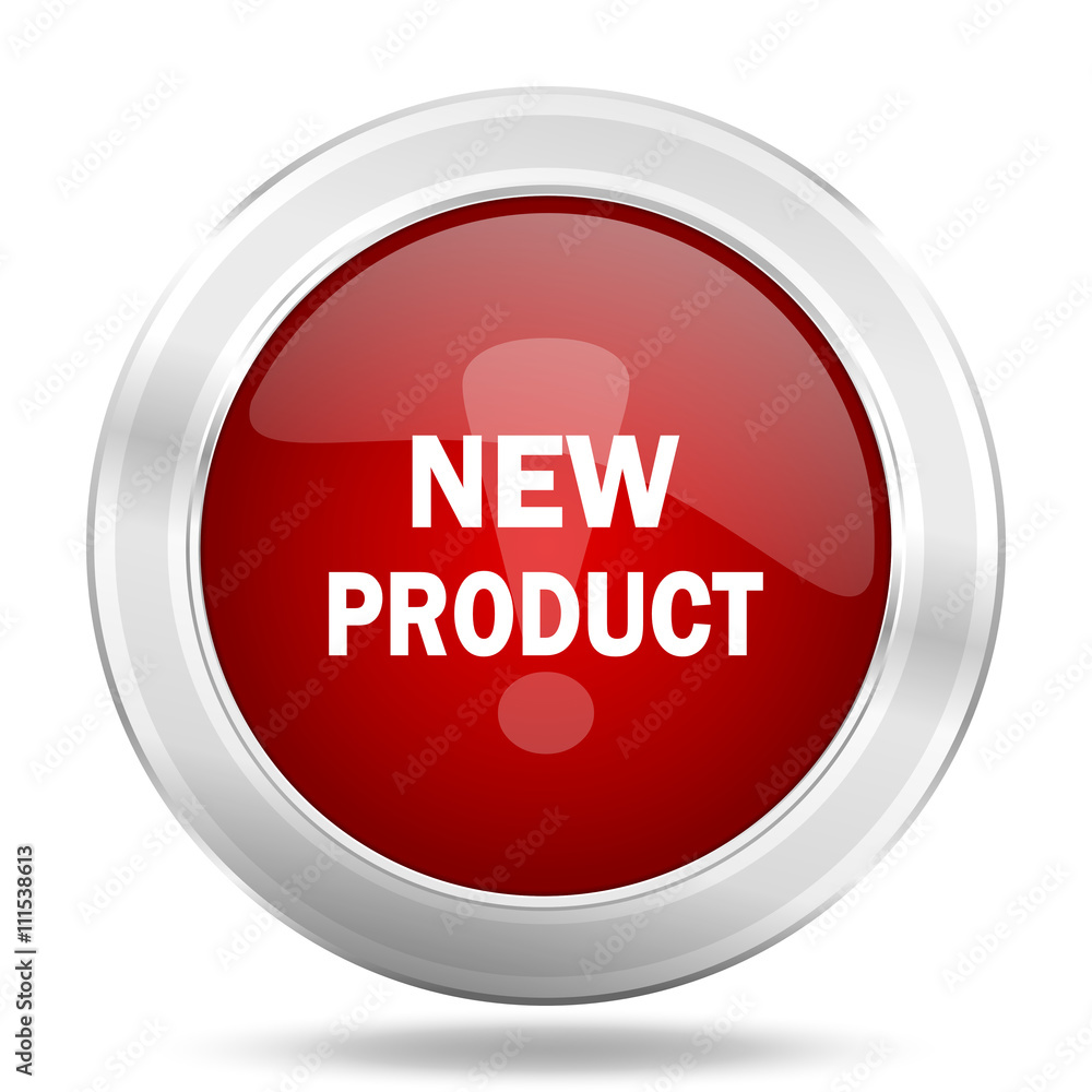 new product icon, red round glossy metallic button, web and mobile app design illustration new product icon, red round glossy metallic button, web and mobile app design illustration