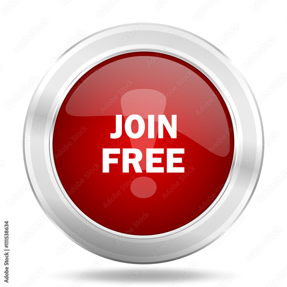 join free icon, red round glossy metallic button, web and mobile app design illustration join free icon, red round glossy metallic button, web and mobile app design illustration