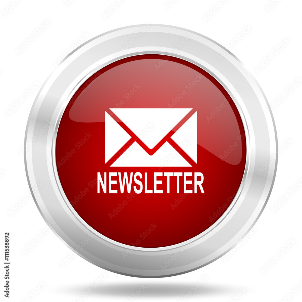 newsletter icon, red round glossy metallic button, web and mobile app design illustration newsletter icon, red round glossy metallic button, web and mobile app design illustration