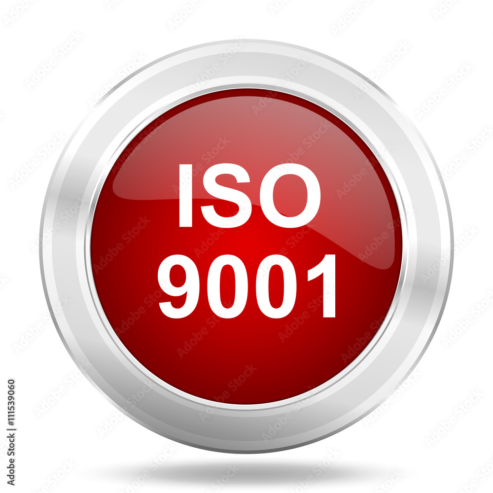 iso 9001 icon, red round glossy metallic button, web and mobile app design illustration iso 9001 icon, red round glossy metallic button, web and mobile app design illustration