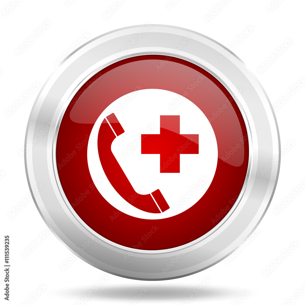 emergency call icon, red round glossy metallic button, web and mobile app design illustration emergency call icon, red round glossy metallic button, web and mobile app design illustration