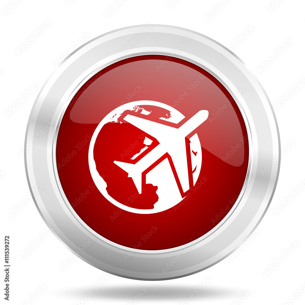 travel icon, red round glossy metallic button, web and mobile app design illustration travel icon, red round glossy metallic button, web and mobile app design illustration