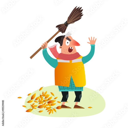 Shouting Yardman sweeping autumn leaves with a broom. Funny furious street cleaner character. Vector illustration isolated on white.