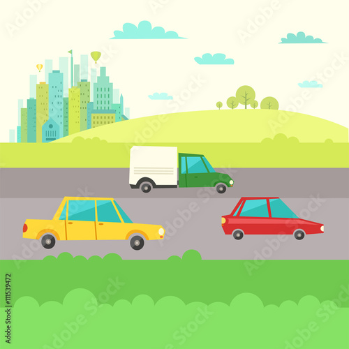 Fototapeta Naklejka Na Ścianę i Meble -  Countryside landscape with cars on road and the city on background. Travel or transportation concept. Vector illustration in flat style.