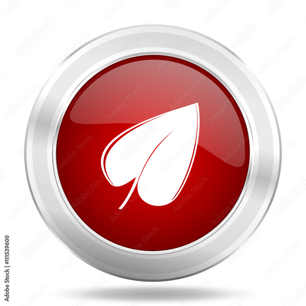leaf icon, red round glossy metallic button, web and mobile app design illustration leaf icon, red round glossy metallic button, web and mobile app design illustration