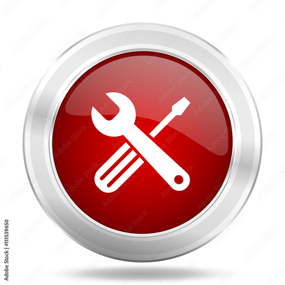 tools icon, red round glossy metallic button, web and mobile app design illustration tools icon, red round glossy metallic button, web and mobile app design illustration