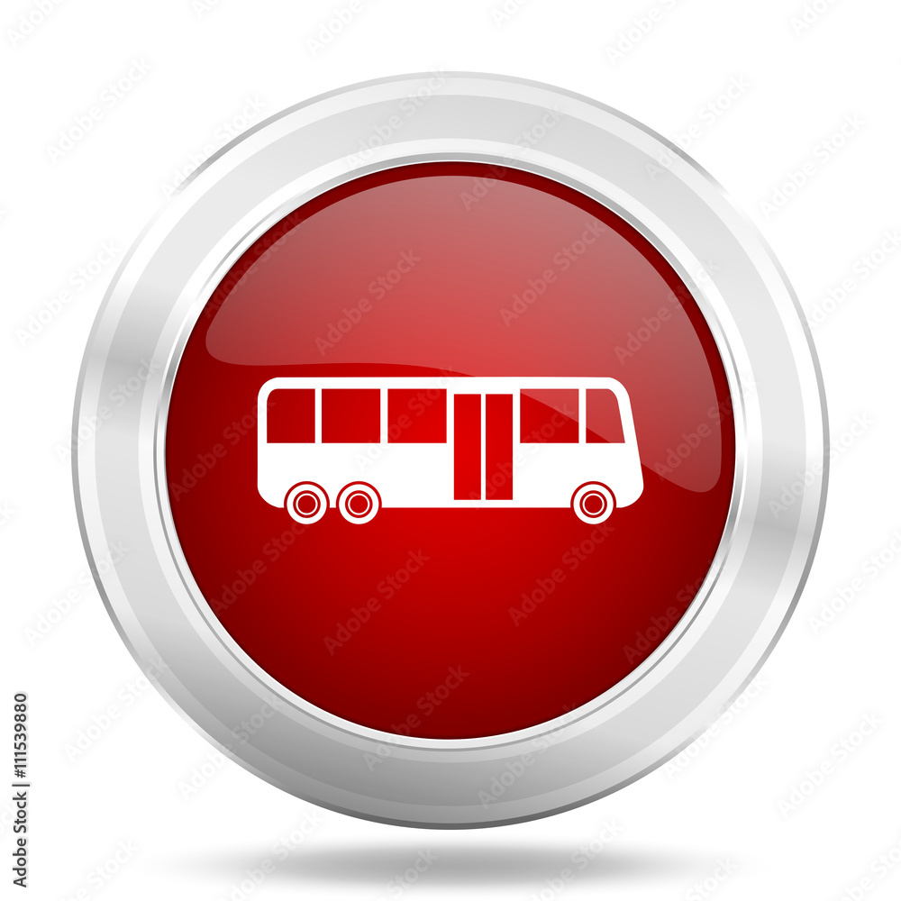 bus icon, red round glossy metallic button, web and mobile app design illustration bus icon, red round glossy metallic button, web and mobile app design illustration