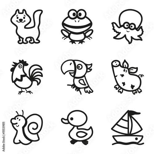 Easy Coloring drawings of animals for little kids. icon set Stock Vector |  Adobe Stock