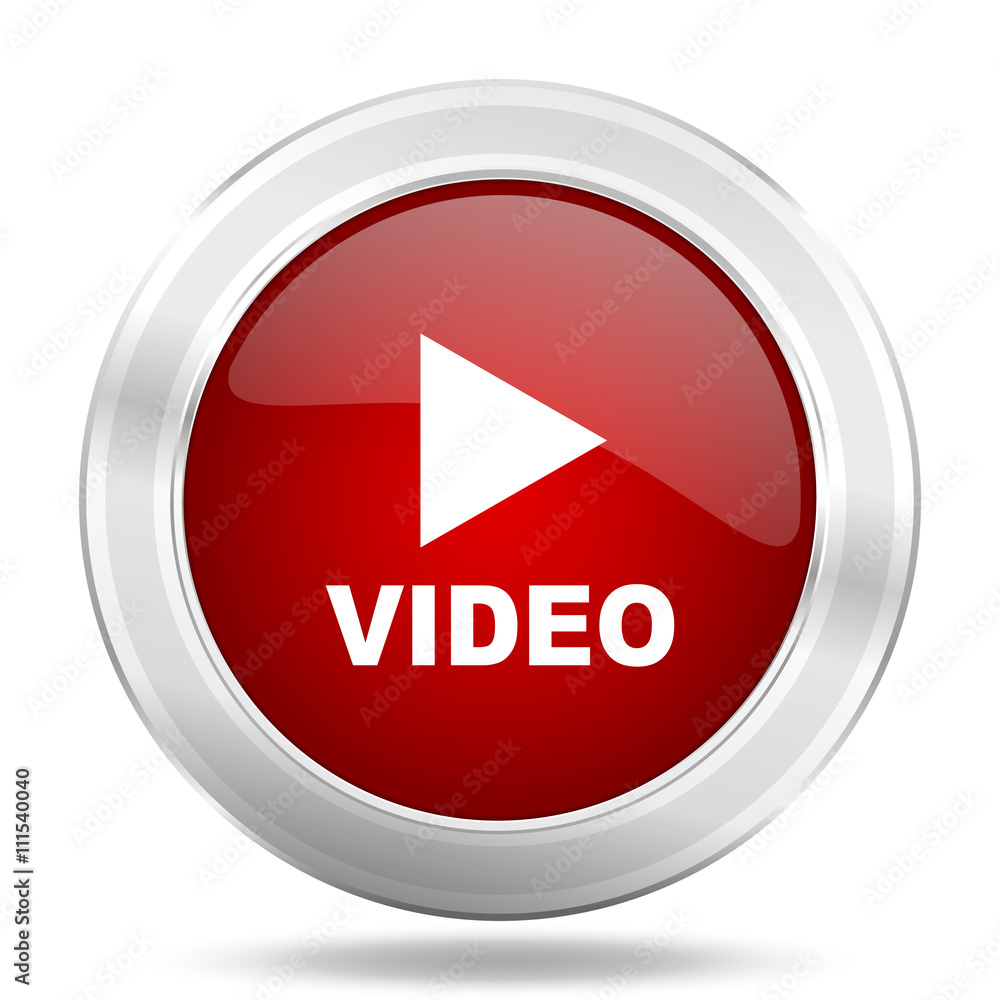 video icon, red round glossy metallic button, web and mobile app design illustration video icon, red round glossy metallic button, web and mobile app design illustration