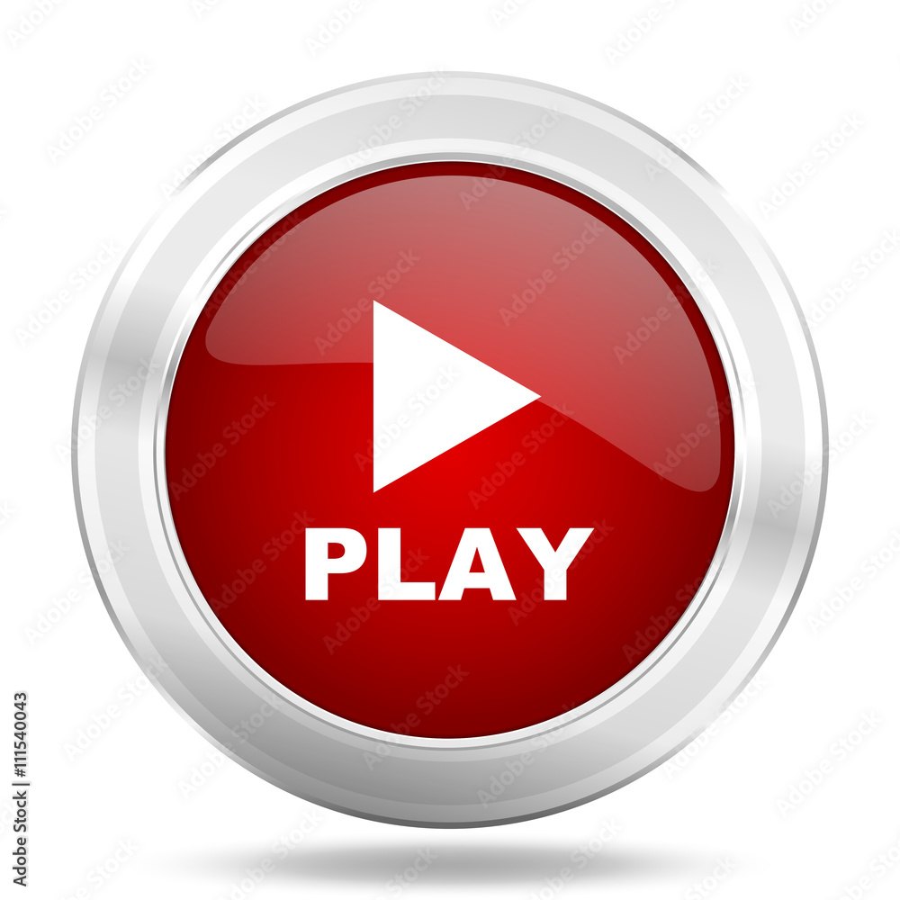 play icon, red round glossy metallic button, web and mobile app design illustration play icon, red round glossy metallic button, web and mobile app design illustration