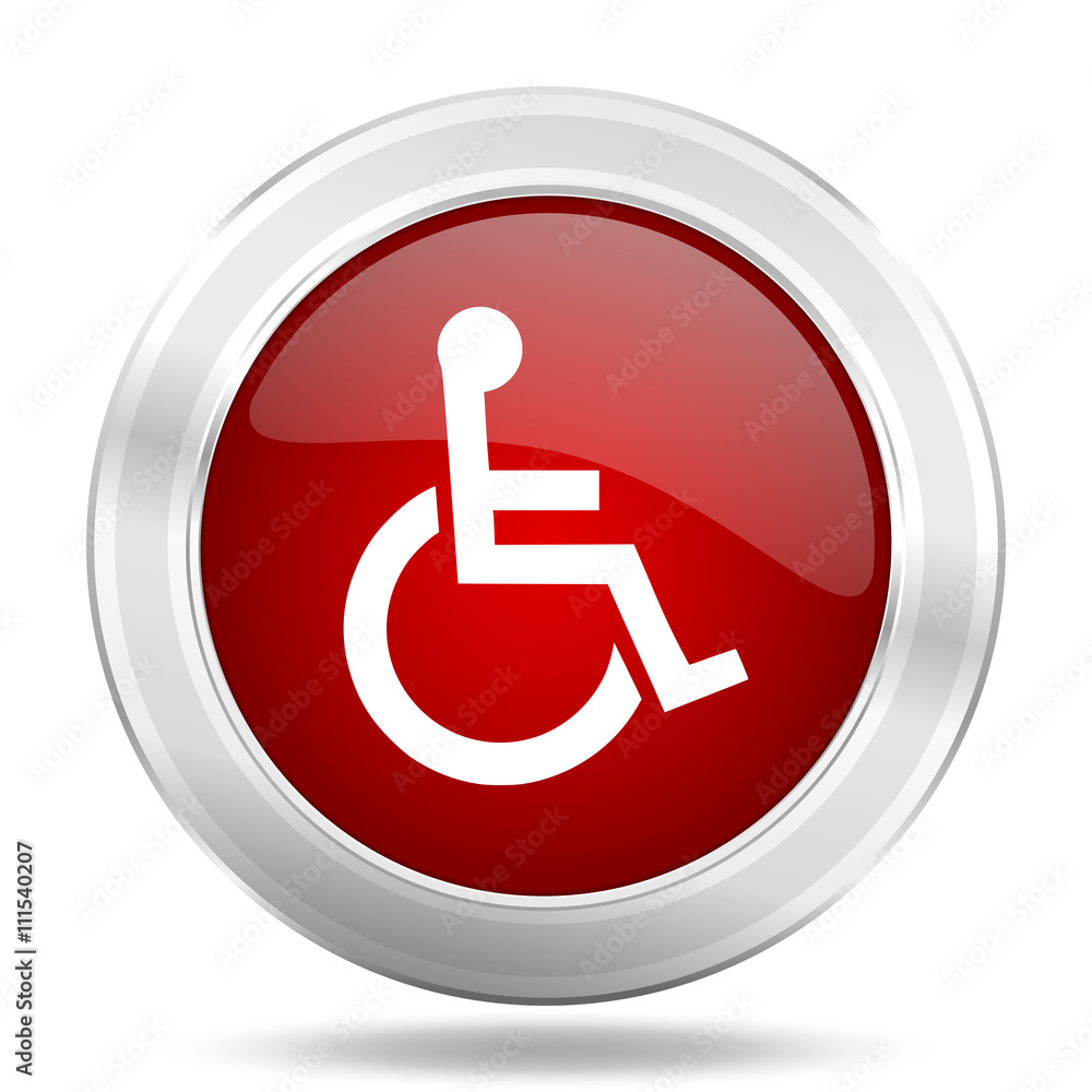wheelchair icon, red round glossy metallic button, web and mobile app design illustration wheelchair icon, red round glossy metallic button, web and mobile app design illustration