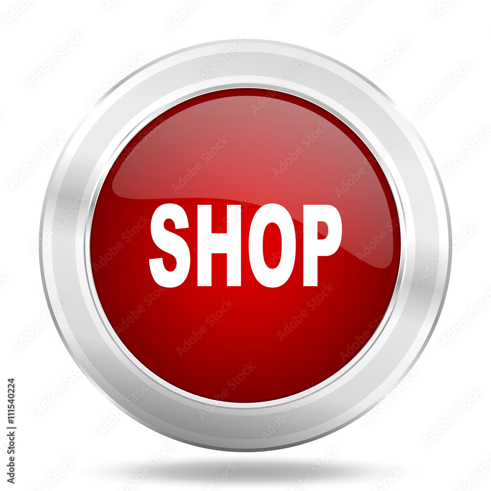 shop icon, red round glossy metallic button, web and mobile app design illustration shop icon, red round glossy metallic button, web and mobile app design illustration