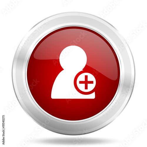 add contact icon, red round glossy metallic button, web and mobile app design illustration