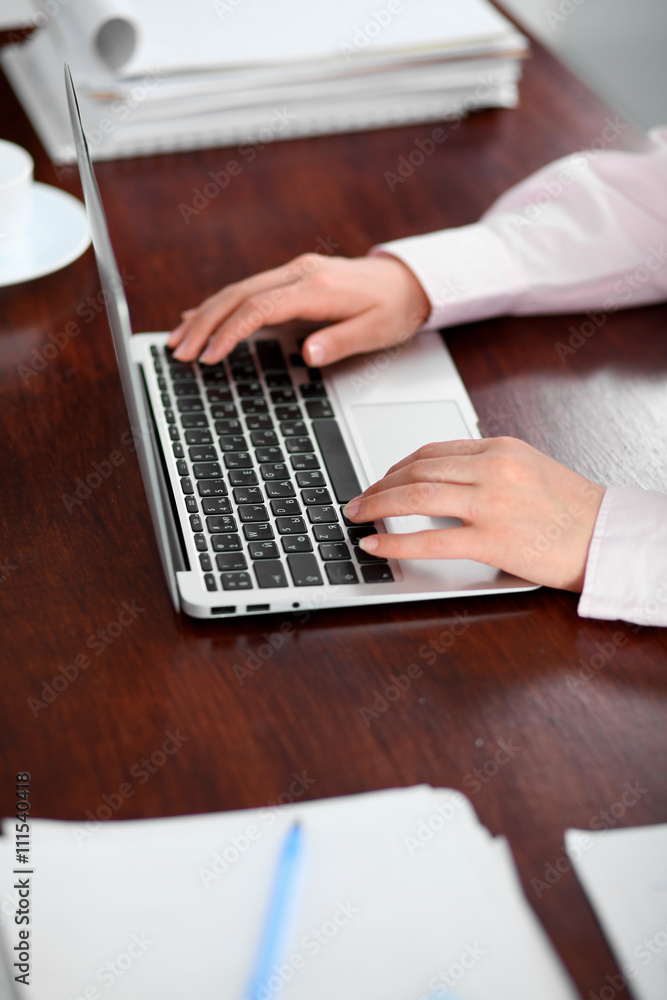 Fototapeta premium Close up of business woman hands typing on laptop computer