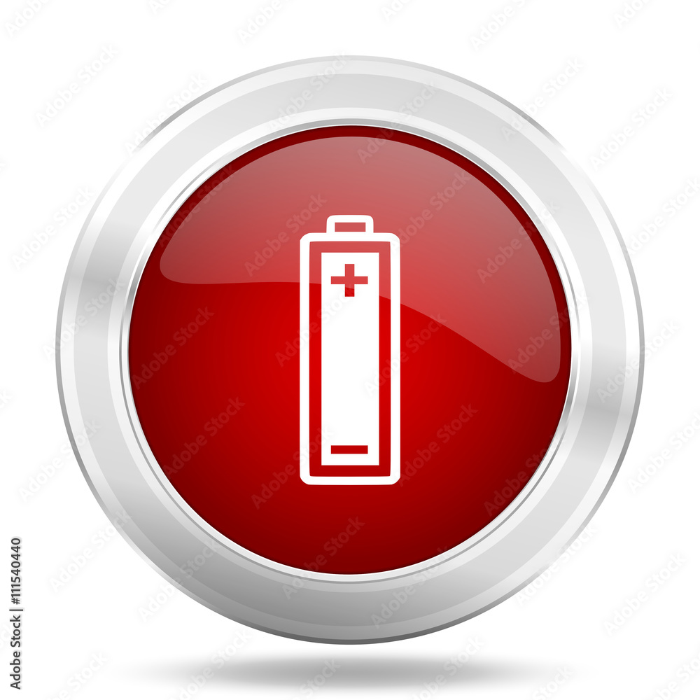 battery icon, red round glossy metallic button, web and mobile app design illustration battery icon, red round glossy metallic button, web and mobile app design illustration