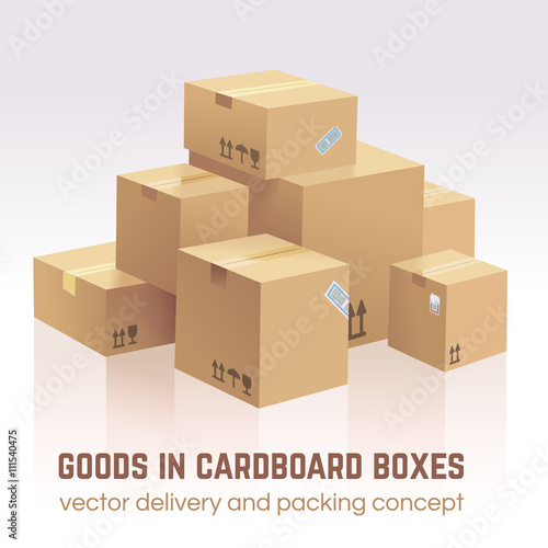 Goods in cardboard boxes. Vector delivery and packing concept